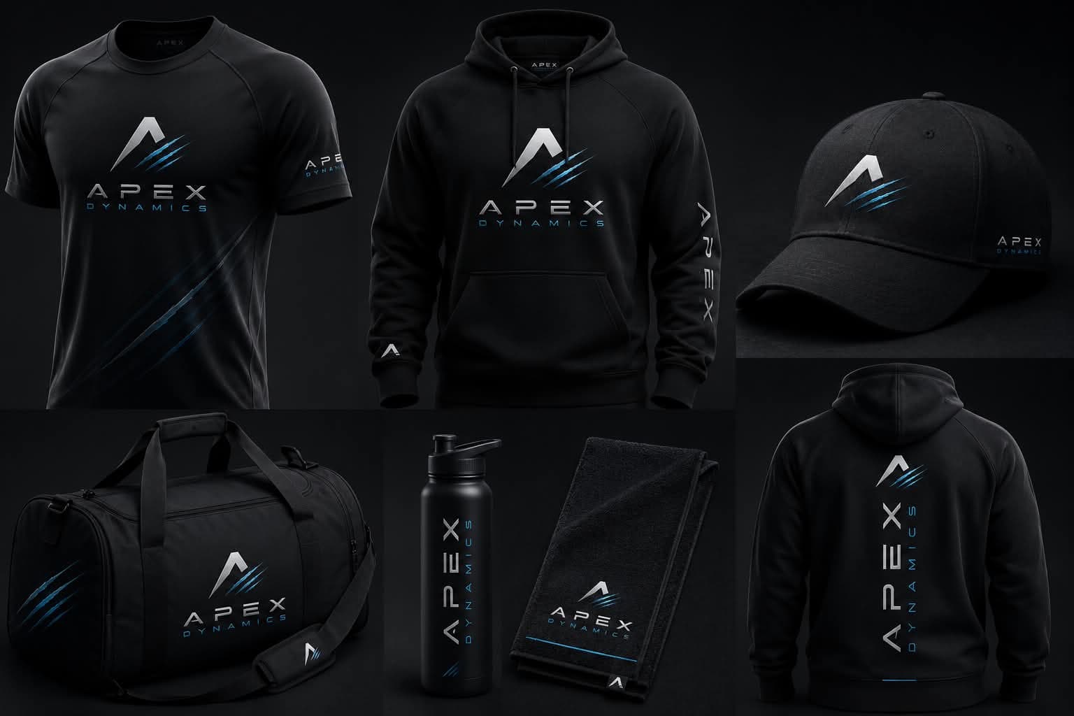 Apex Dynamics branded gear: t-shirts, hoodies, caps, duffles, water bottles, towels